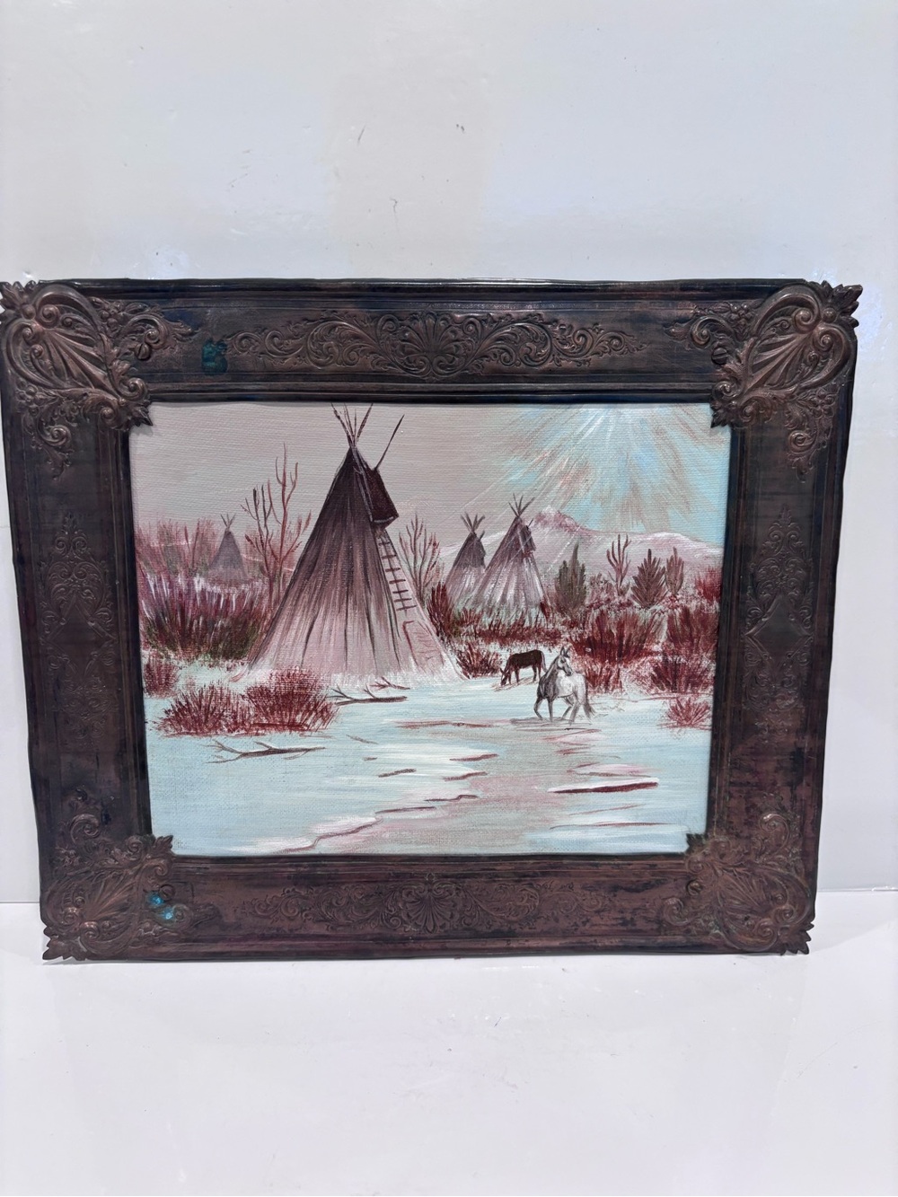 Original 1985 Kay Kennedy Oil Painting Teepee Winter Scene Ornate Copper Frame